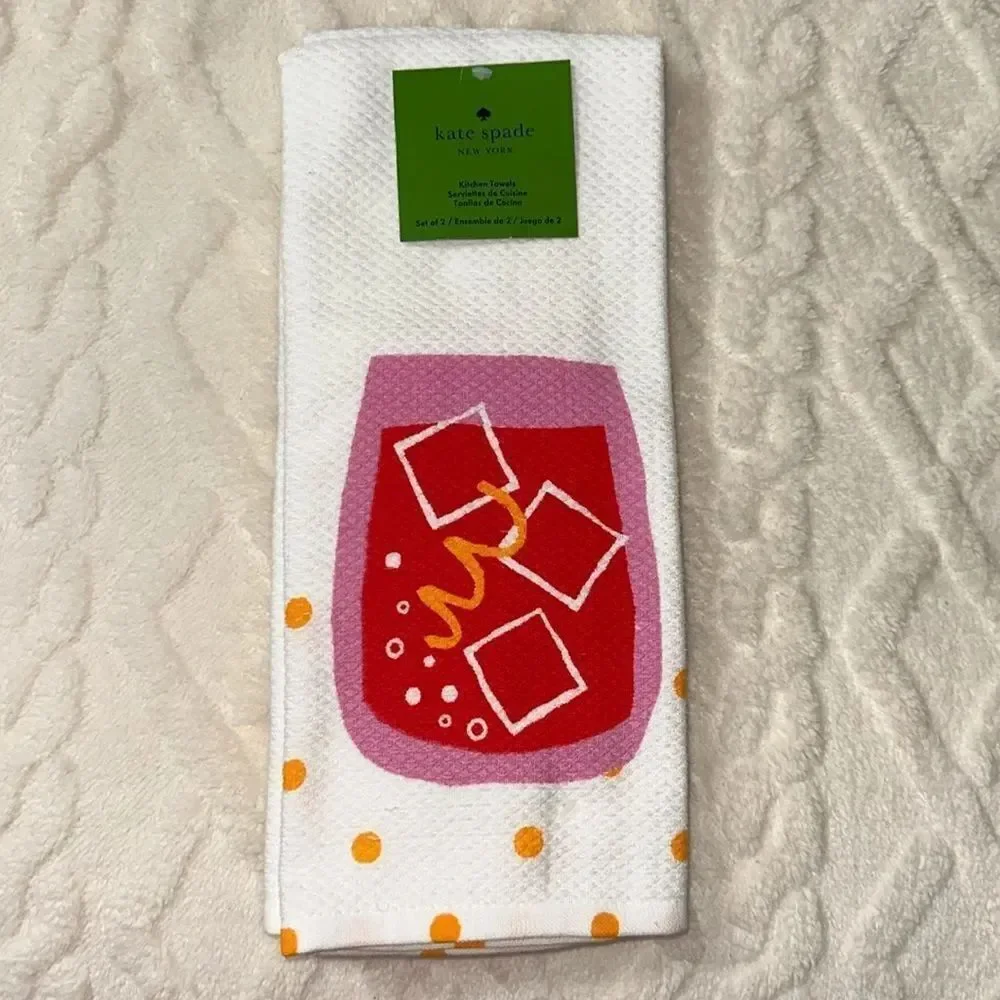 kate spade Cocktail Glass Ice Bubbles Orange Peel White Cotton Kitchen Towels